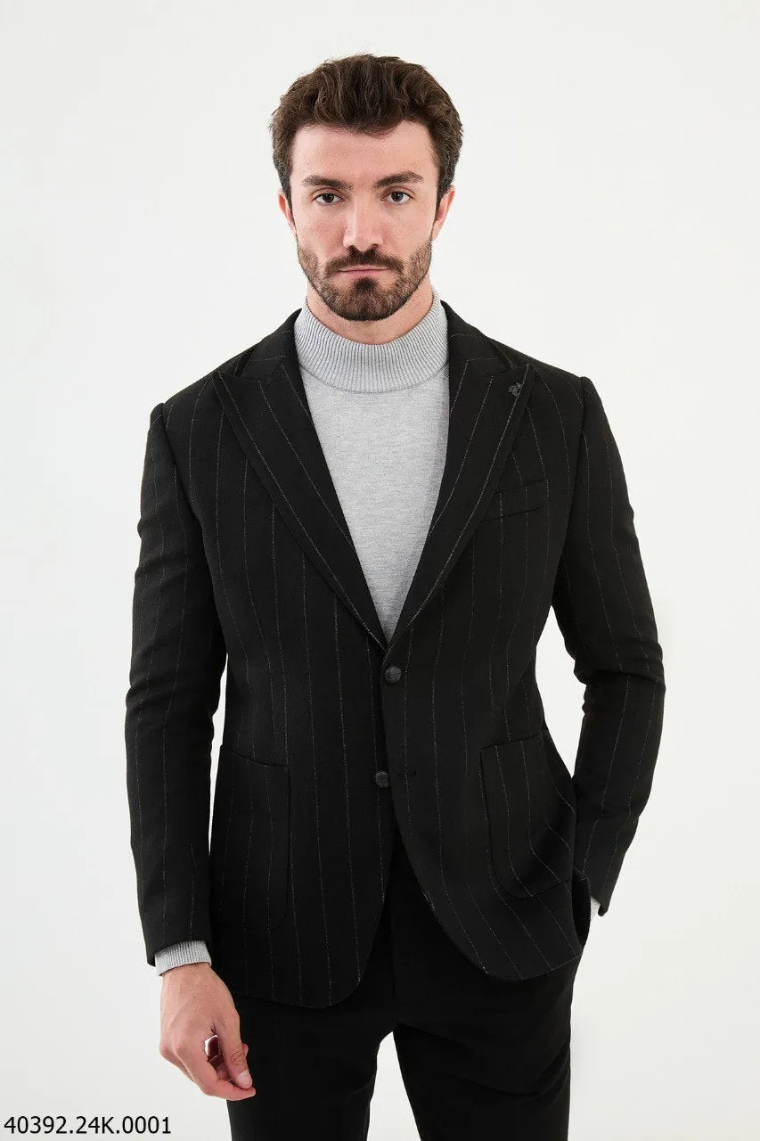 Men's Black Pinstripe Slim Fit Blazer