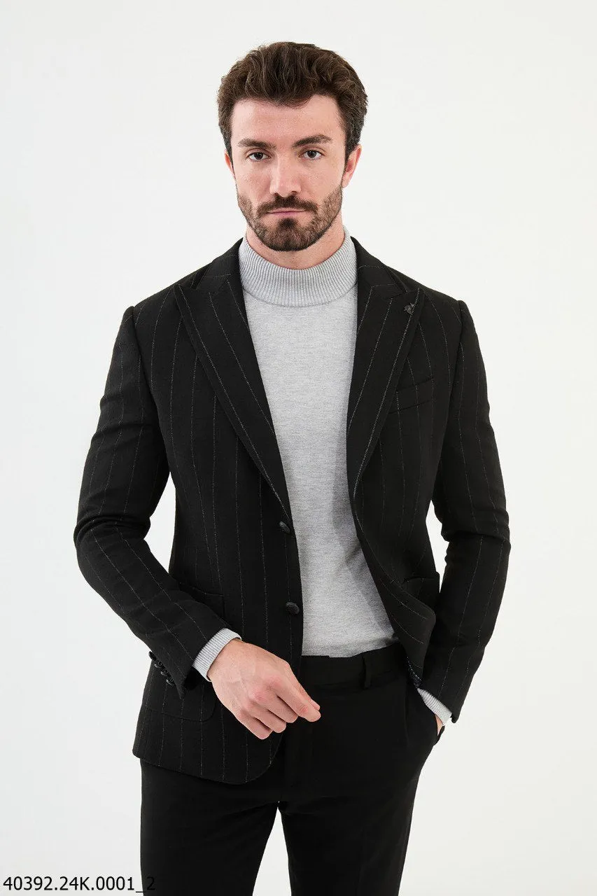Men's Black Pinstripe Slim Fit Blazer