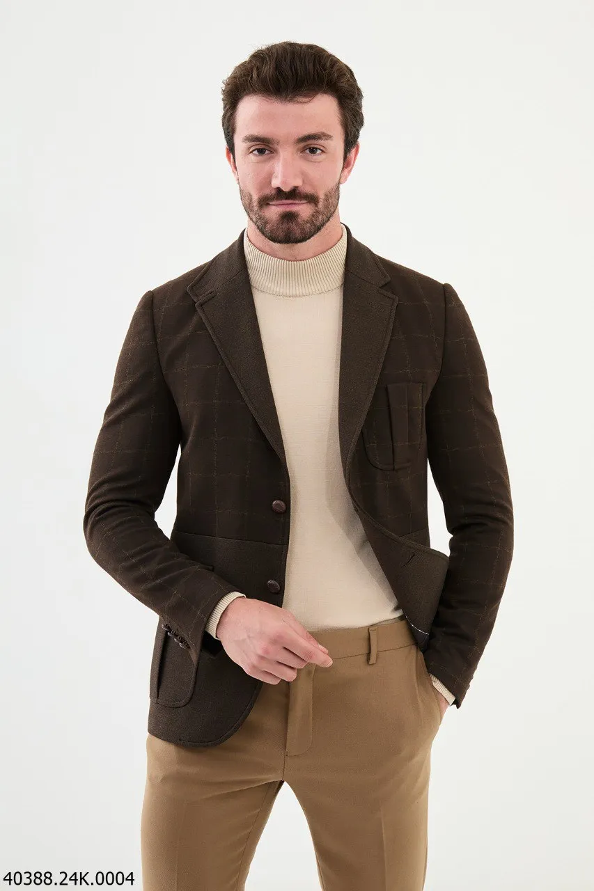 Men's Dark Brown Check Slim Fit Blazer