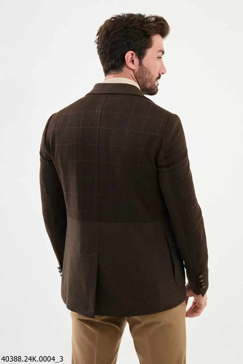 Men's Dark Brown Check Slim Fit Blazer