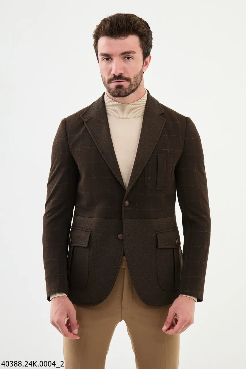 Men's Dark Brown Check Slim Fit Blazer