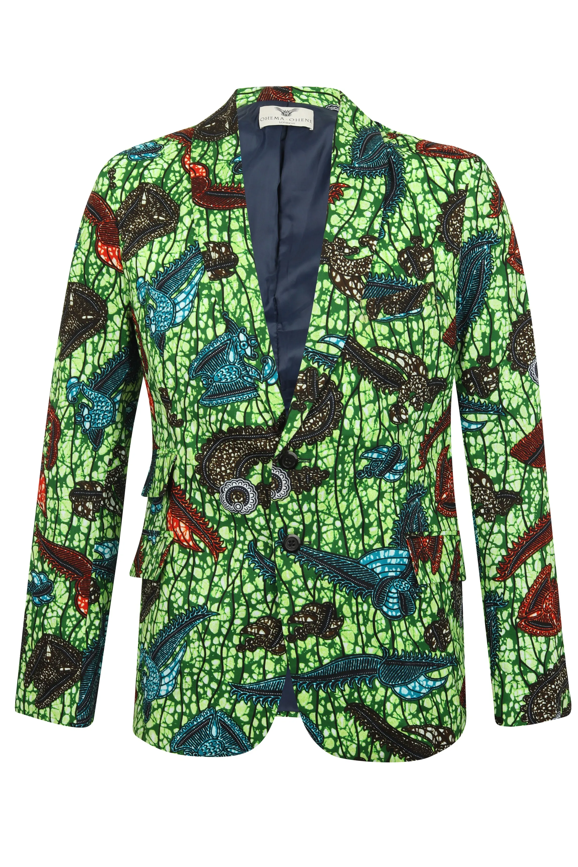 Men's Green African Print Blazer-Joshua 2 Button 'Sea King'