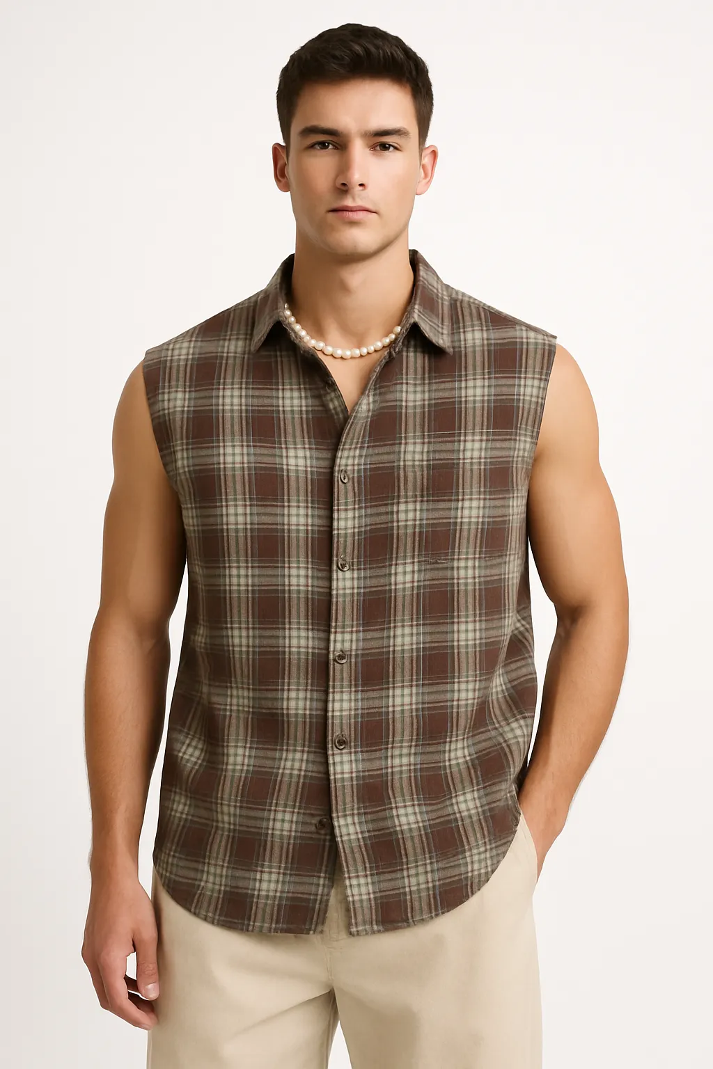 Men's Sleeveless Shirt – Loose Fit – Plaid Button-Down – Lightweight Breathable Casual