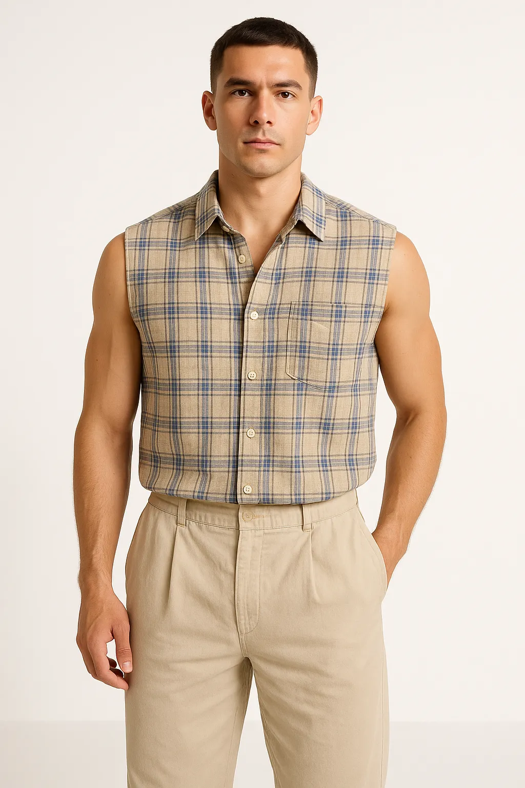Men's Sleeveless Shirt – Loose Fit – Plaid Button-Down – Lightweight Breathable Casual