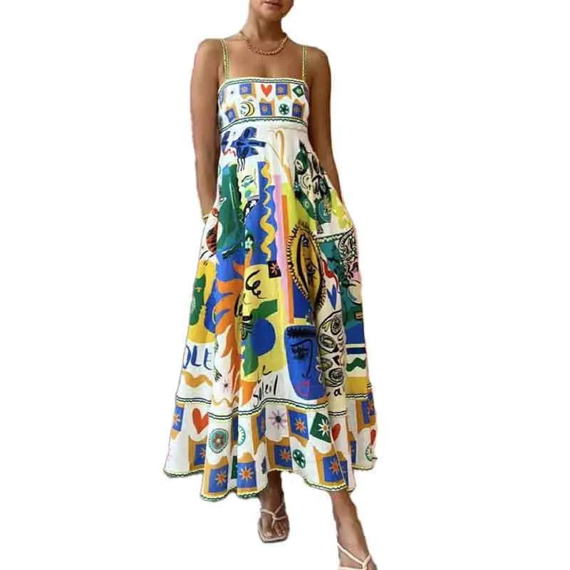MOMENTLOVER 2025 women's clothing New autumn new sexy pendulum dress graffiti print sleeveless suspender dress