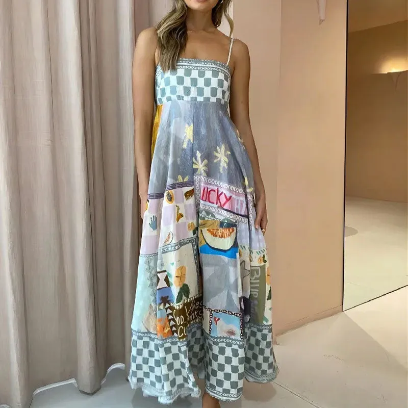 MOMENTLOVER 2025 women's clothing New autumn new sexy pendulum dress graffiti print sleeveless suspender dress