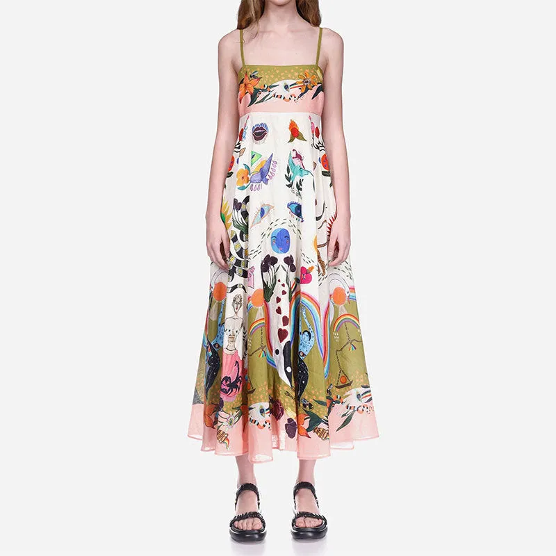 MOMENTLOVER 2025 women's clothing New autumn new sexy pendulum dress graffiti print sleeveless suspender dress