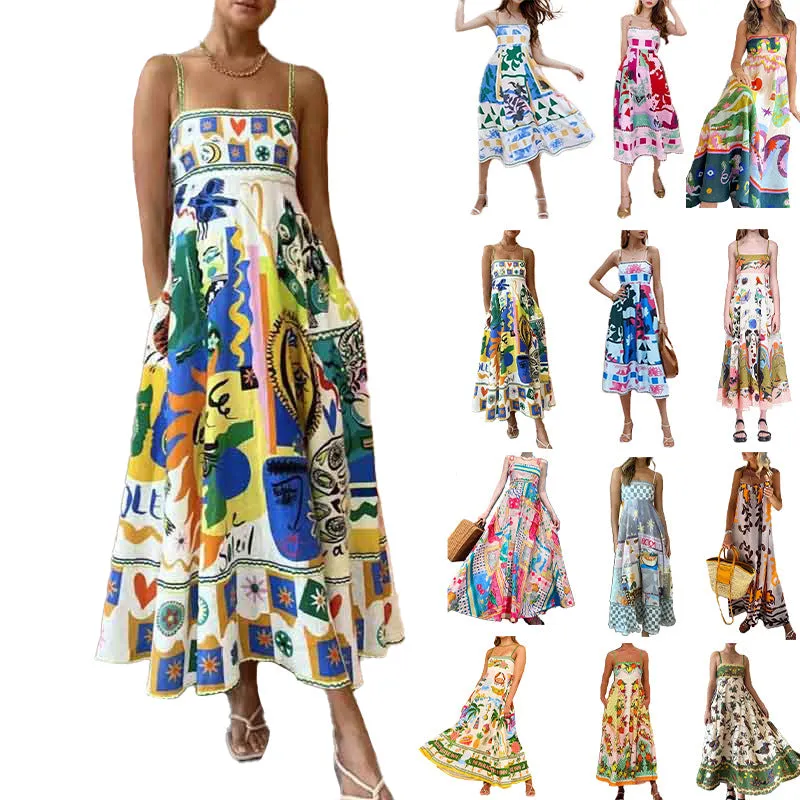 MOMENTLOVER 2025 women's clothing New autumn new sexy pendulum dress graffiti print sleeveless suspender dress