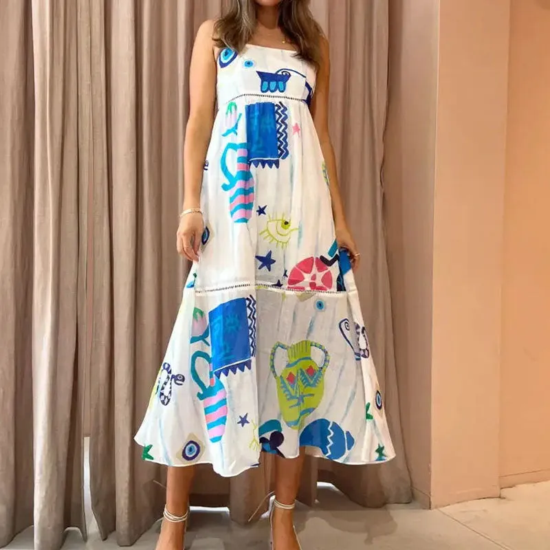 MOMENTLOVER 2025 women's clothing New autumn new sexy pendulum dress graffiti print sleeveless suspender dress