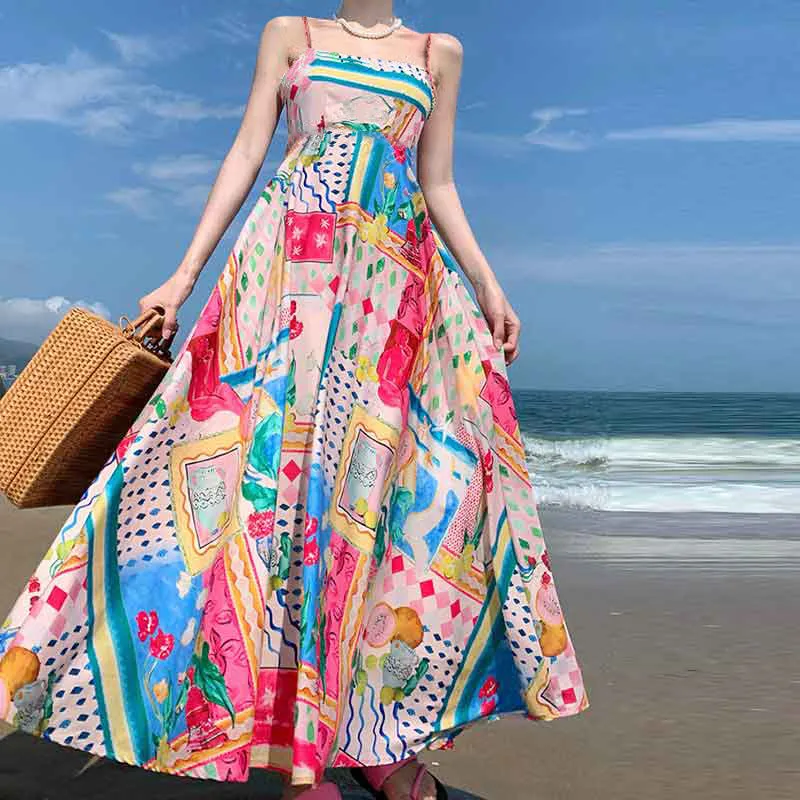 MOMENTLOVER 2025 women's clothing New autumn new sexy pendulum dress graffiti print sleeveless suspender dress