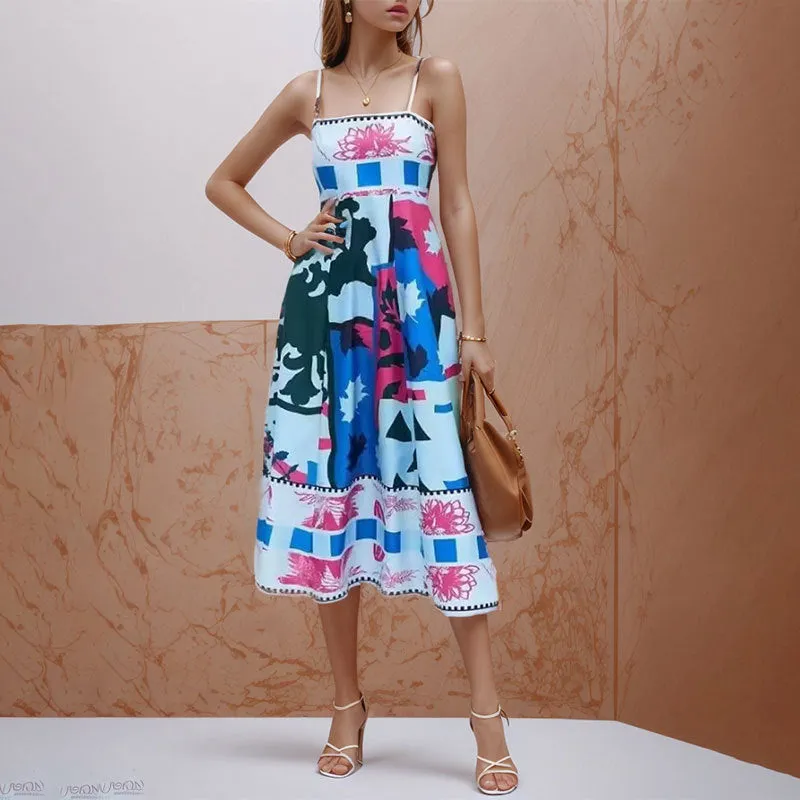MOMENTLOVER 2025 women's clothing New autumn new sexy pendulum dress graffiti print sleeveless suspender dress