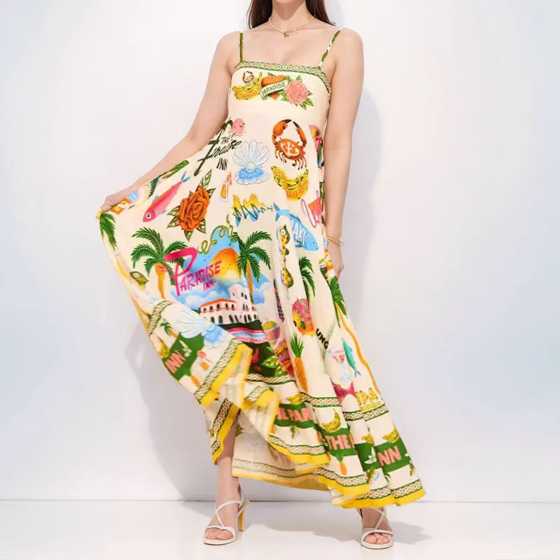 MOMENTLOVER 2025 women's clothing New autumn new sexy pendulum dress graffiti print sleeveless suspender dress