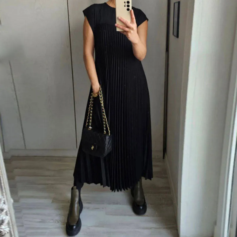 MOMENTLOVER New autumn new   2025 women's clothing elegant fashion round neck sleeveless pleated long dress