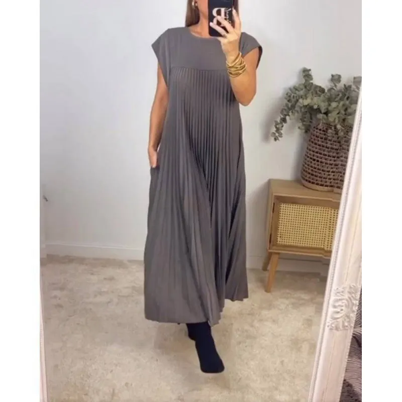 MOMENTLOVER New autumn new   2025 women's clothing elegant fashion round neck sleeveless pleated long dress