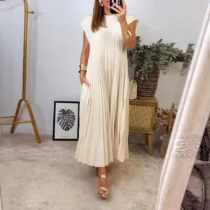 MOMENTLOVER New autumn new   2025 women's clothing elegant fashion round neck sleeveless pleated long dress