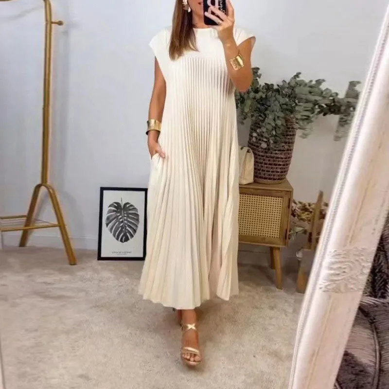 MOMENTLOVER New autumn new   2025 women's clothing elegant fashion round neck sleeveless pleated long dress