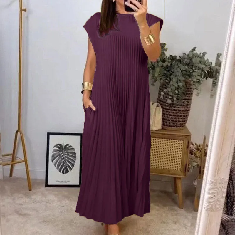 MOMENTLOVER New autumn new   2025 women's clothing elegant fashion round neck sleeveless pleated long dress