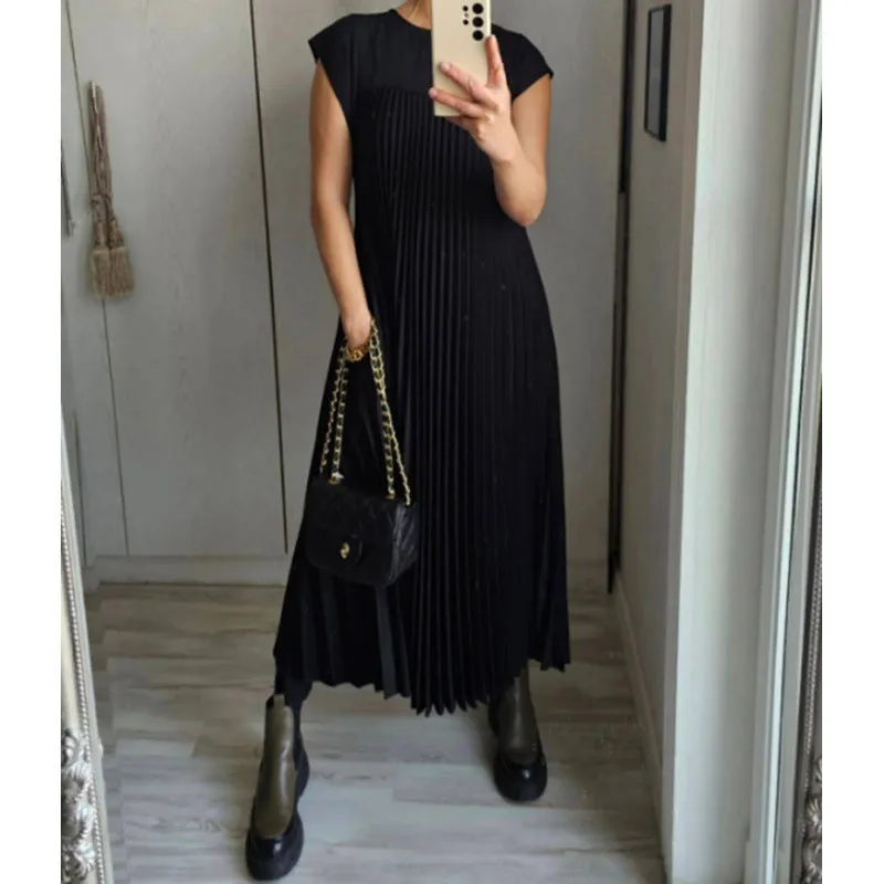 MOMENTLOVER New autumn new   2025 women's clothing elegant fashion round neck sleeveless pleated long dress