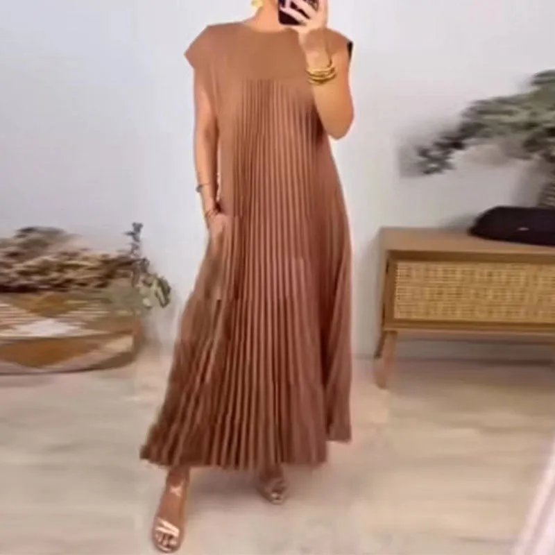 MOMENTLOVER New autumn new   2025 women's clothing elegant fashion round neck sleeveless pleated long dress
