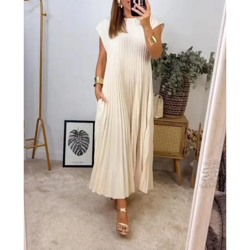 MOMENTLOVER New autumn new   2025 women's clothing elegant fashion round neck sleeveless pleated long dress