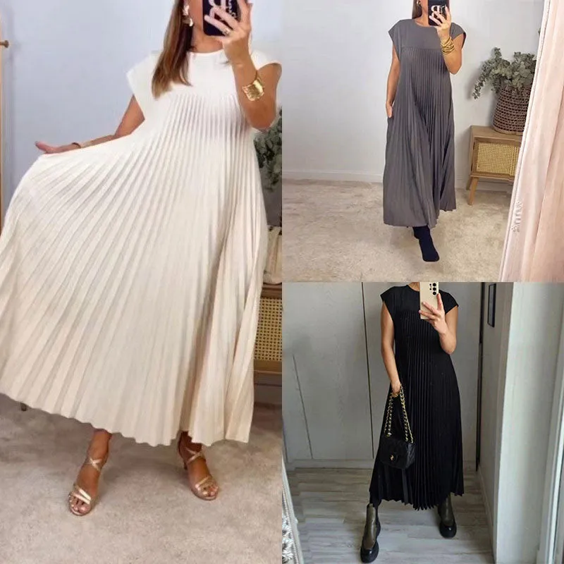 MOMENTLOVER New autumn new   2025 women's clothing elegant fashion round neck sleeveless pleated long dress