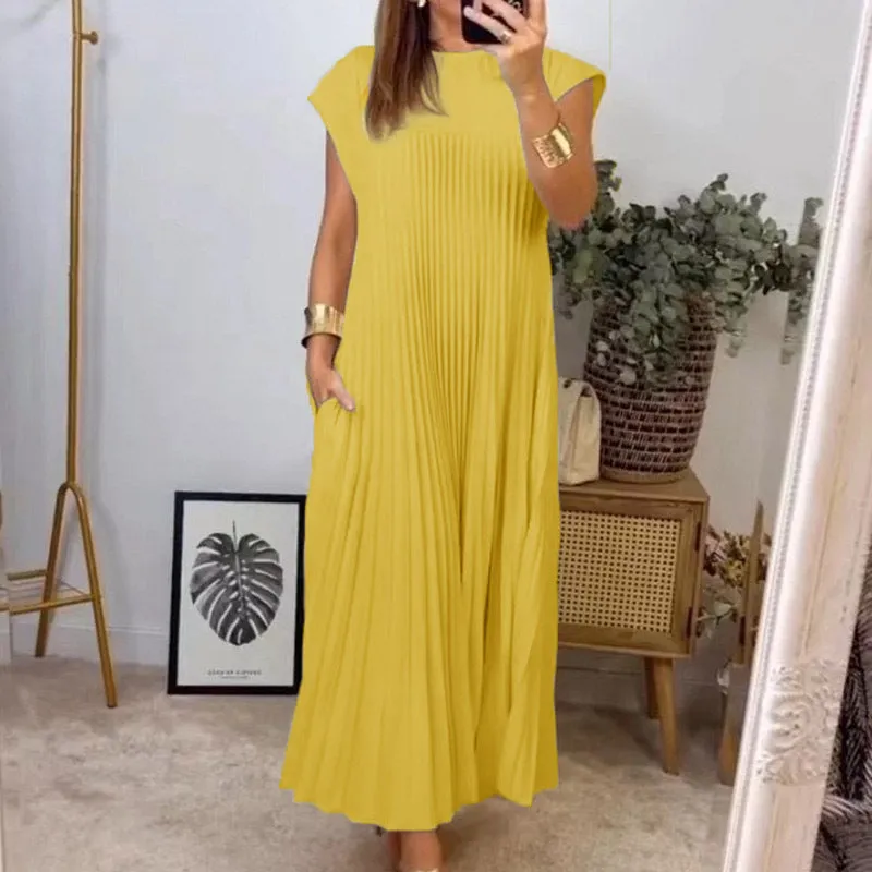 MOMENTLOVER New autumn new   2025 women's clothing elegant fashion round neck sleeveless pleated long dress