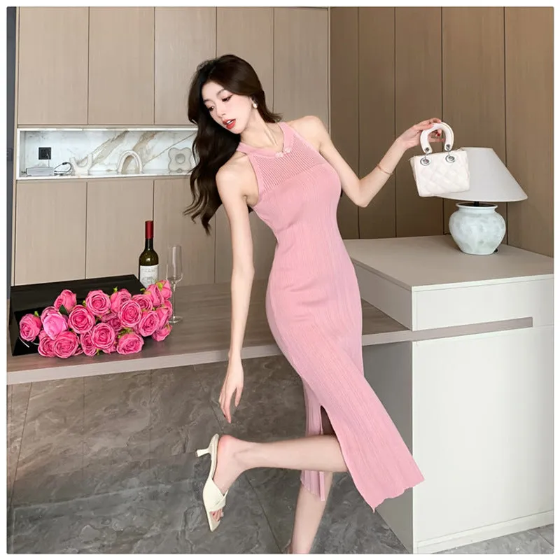 New Chinese Style National Style Buckle Knitted Elegance Sleeveless Hip Skirt Women's Summer New Split Cheongsam Slim Fit Dress