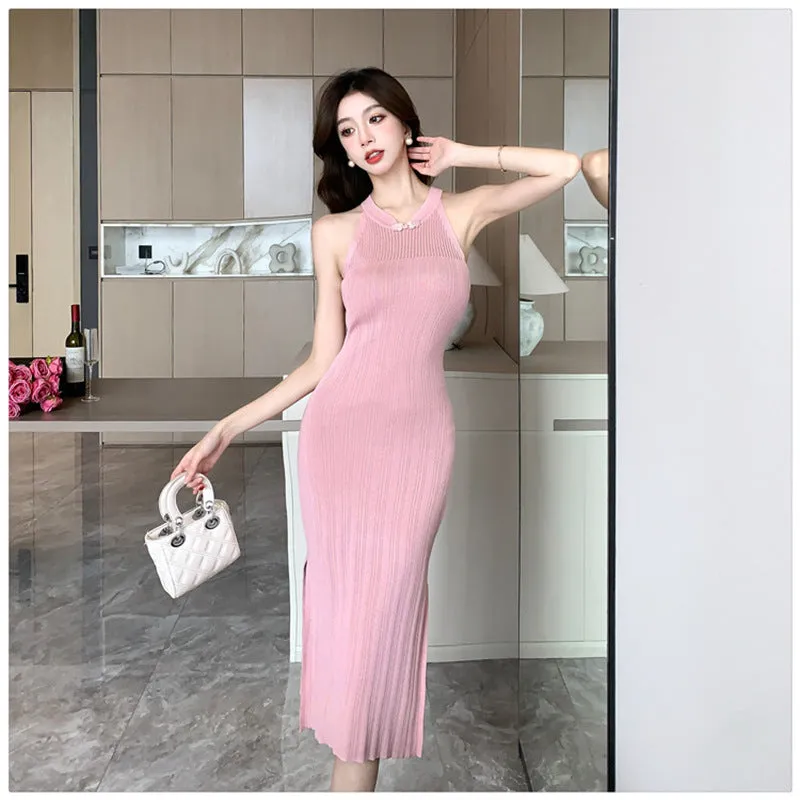 New Chinese Style National Style Buckle Knitted Elegance Sleeveless Hip Skirt Women's Summer New Split Cheongsam Slim Fit Dress