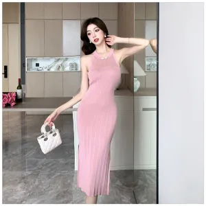 New Chinese Style National Style Buckle Knitted Elegance Sleeveless Hip Skirt Women's Summer New Split Cheongsam Slim Fit Dress
