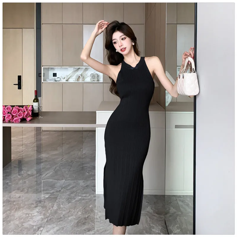 New Chinese Style National Style Buckle Knitted Elegance Sleeveless Hip Skirt Women's Summer New Split Cheongsam Slim Fit Dress