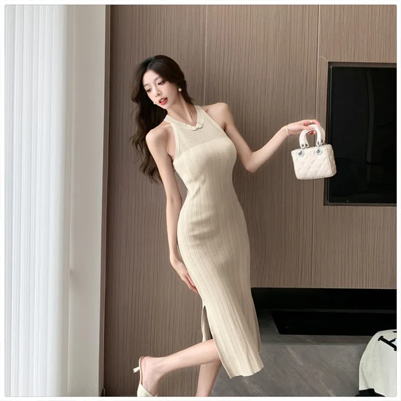 New Chinese Style National Style Buckle Knitted Elegance Sleeveless Hip Skirt Women's Summer New Split Cheongsam Slim Fit Dress