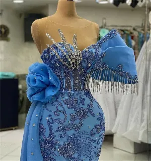 One Shoulder Evening Gown Sexy Lace Crystal Tassels Mermaid Dresses Sequined Lace Sleeveless Prom Dress Formal Custom Made