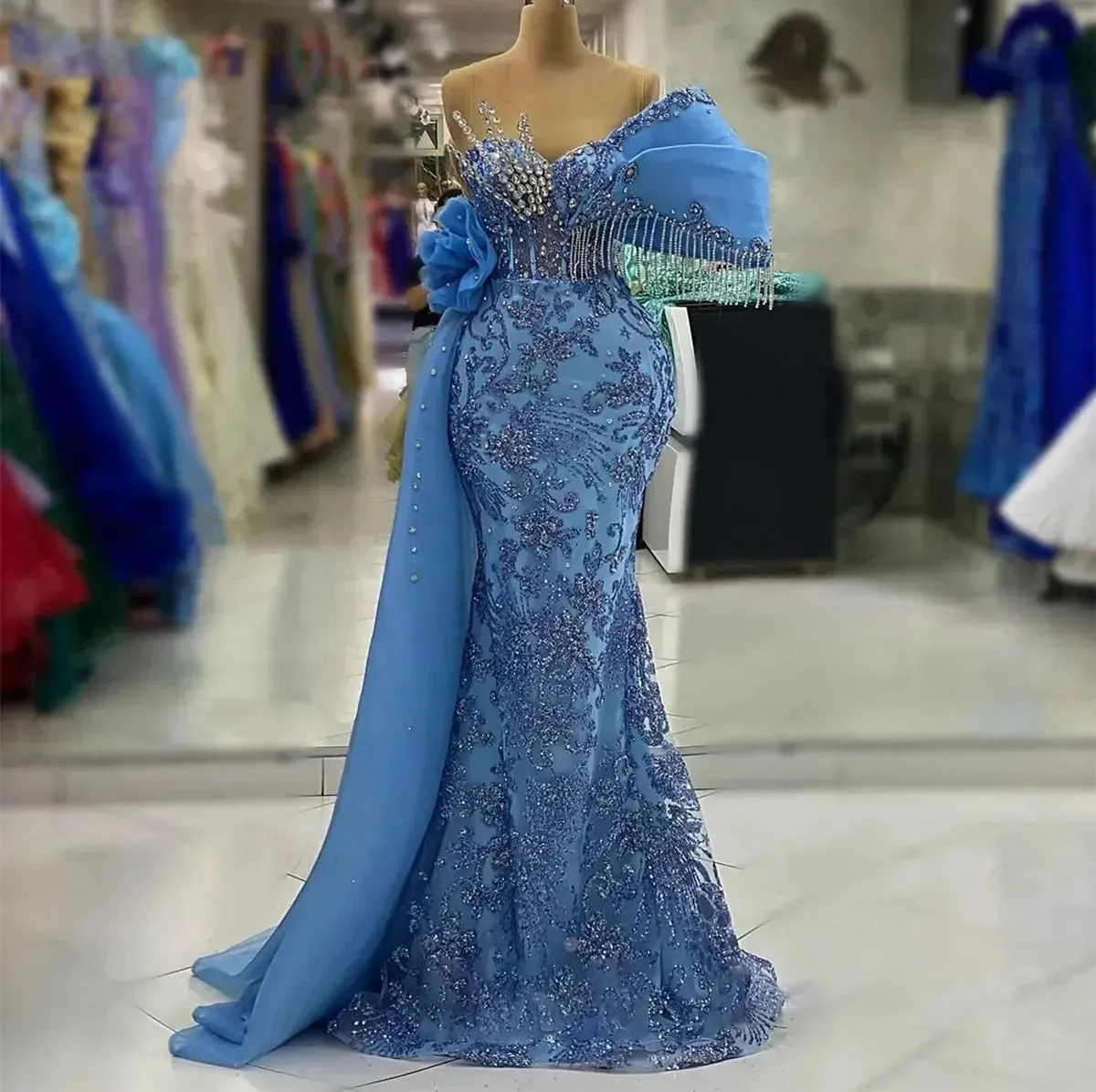 One Shoulder Evening Gown Sexy Lace Crystal Tassels Mermaid Dresses Sequined Lace Sleeveless Prom Dress Formal Custom Made