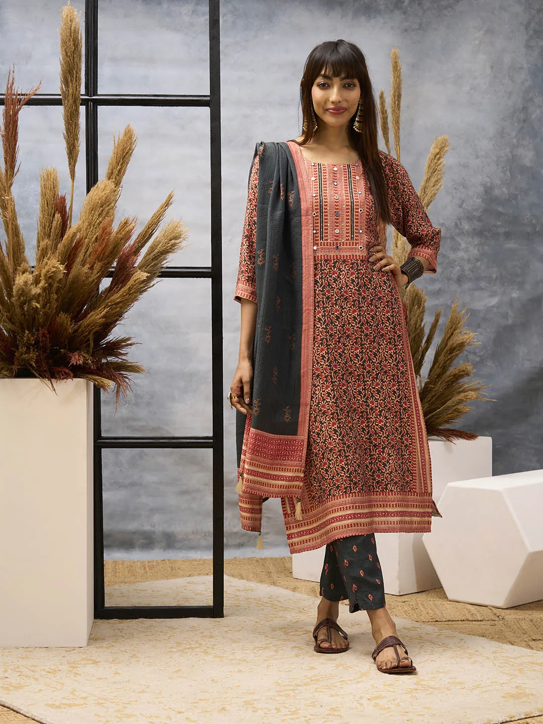 Orange Kurta Set - Women Chanderi Silk Comfort Kurta Set with Dupatta - Zola
