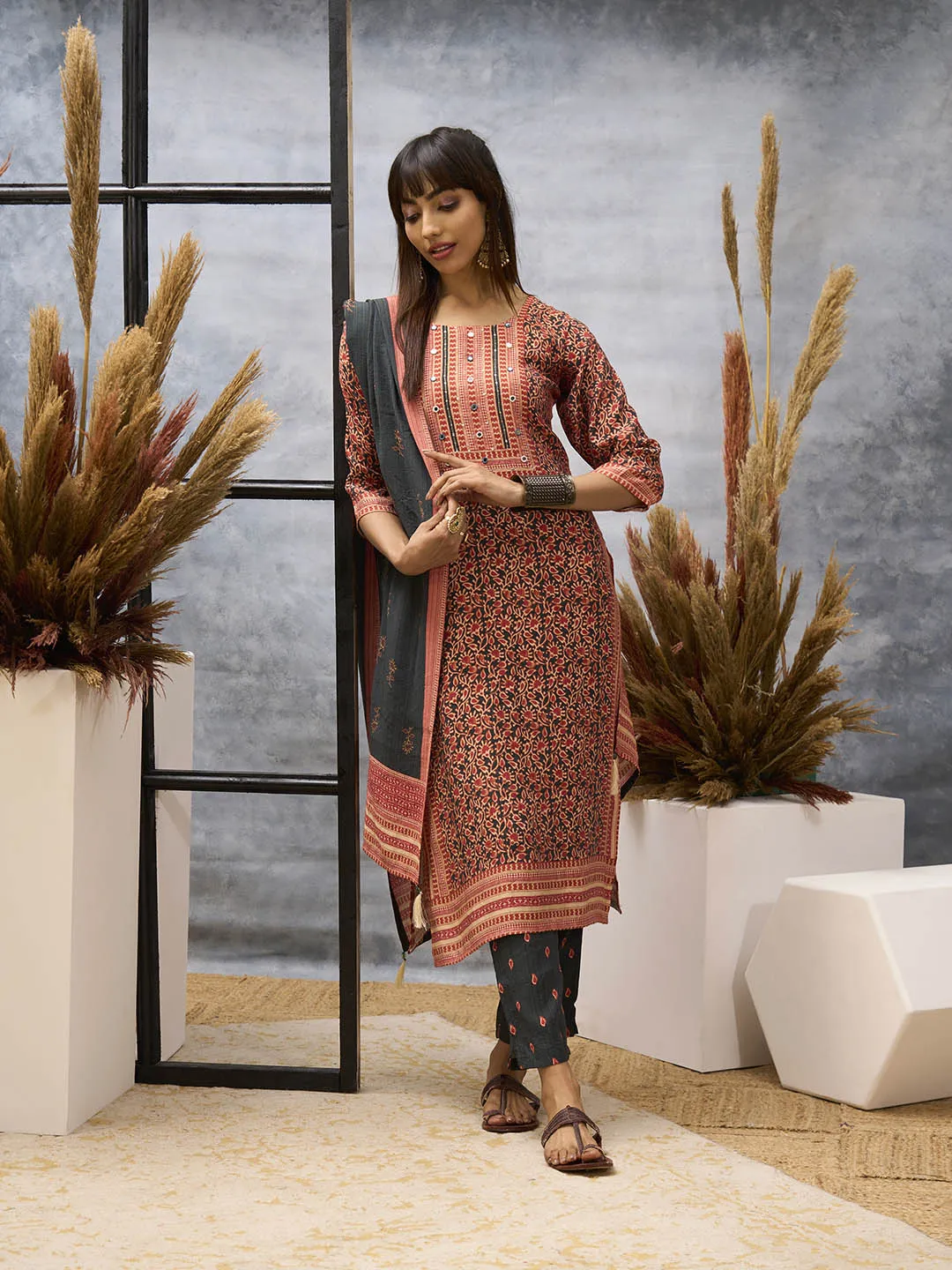 Orange Kurta Set - Women Chanderi Silk Comfort Kurta Set with Dupatta - Zola