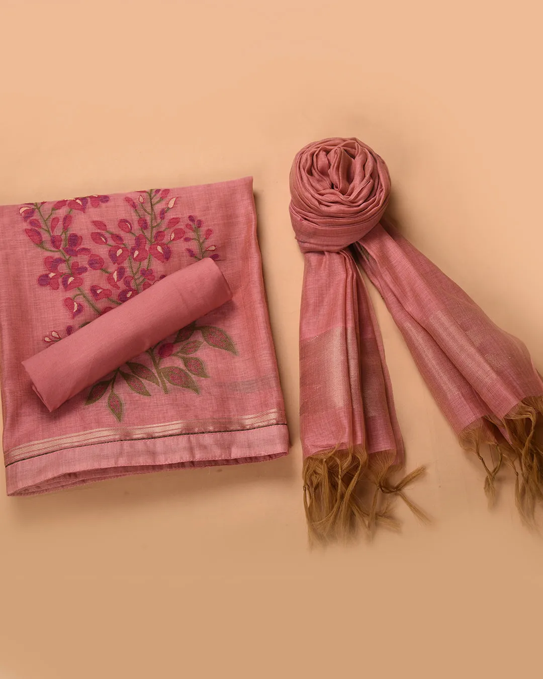 Pink Chanderi Silk Blend Woven Unstitched Suit Fabric Set With Chanderi Silk Dupatta
