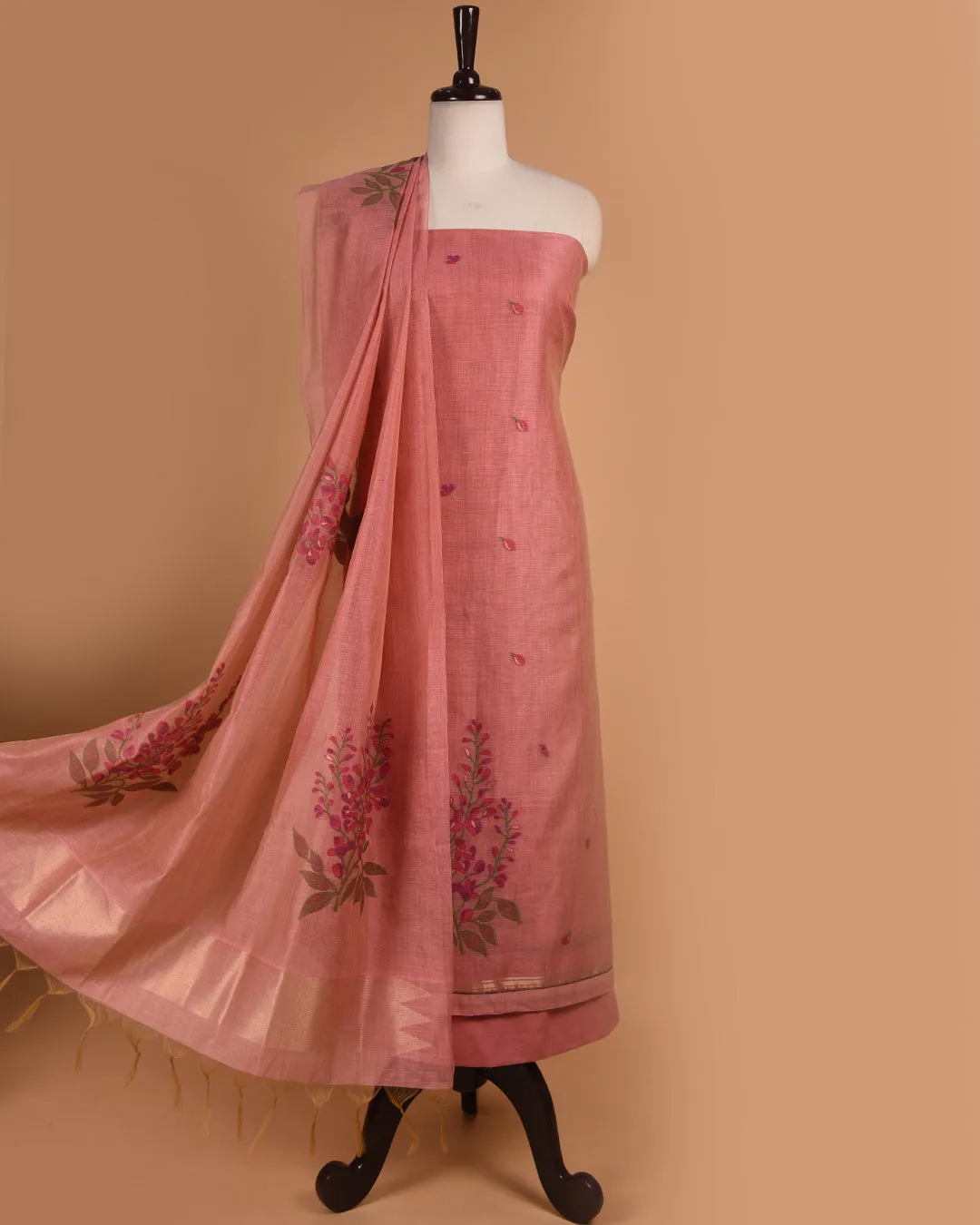 Pink Chanderi Silk Blend Woven Unstitched Suit Fabric Set With Chanderi Silk Dupatta