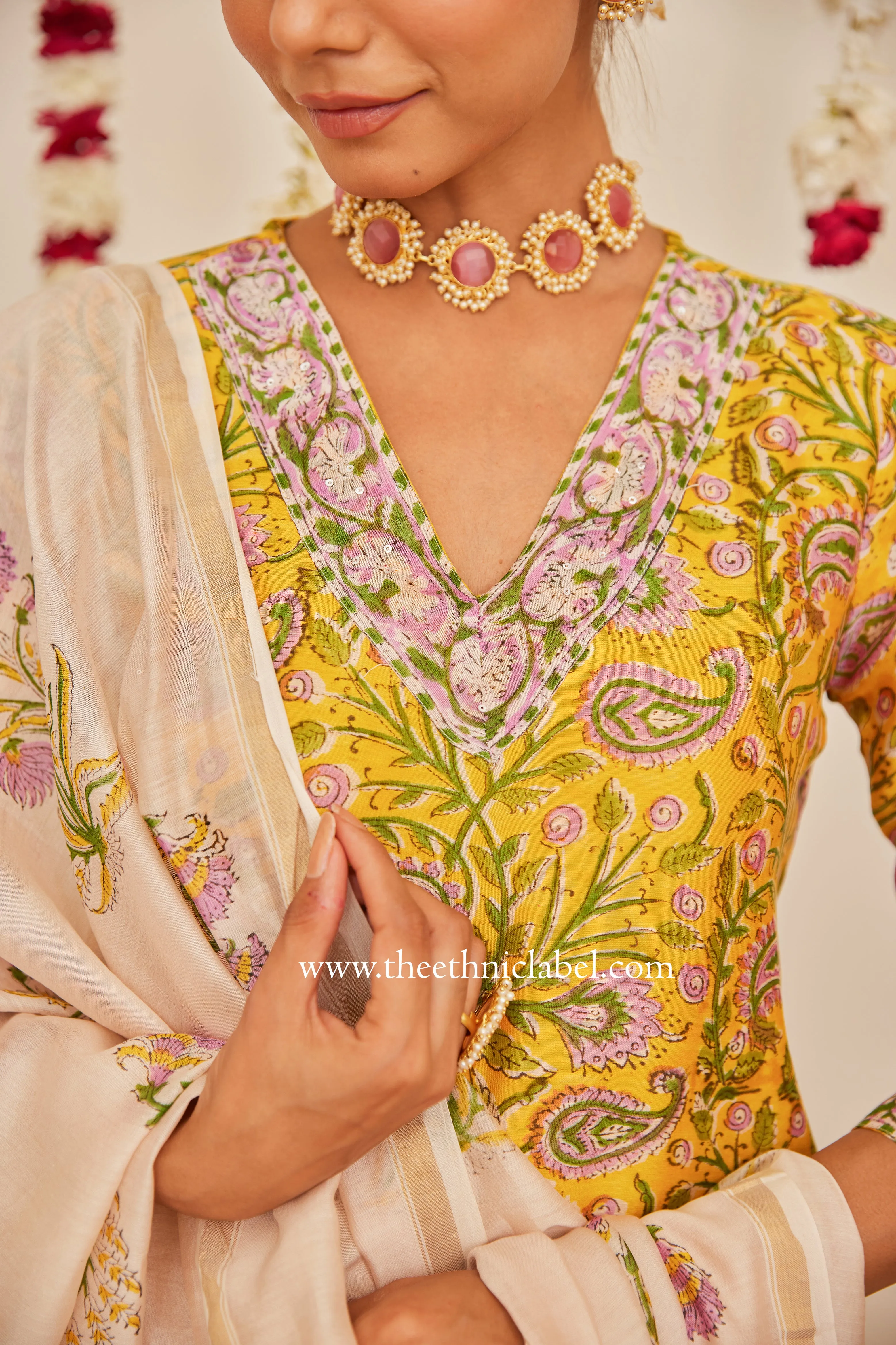"Meera" Yellow Hand Block Printed Chanderi Suit Set (3pc)