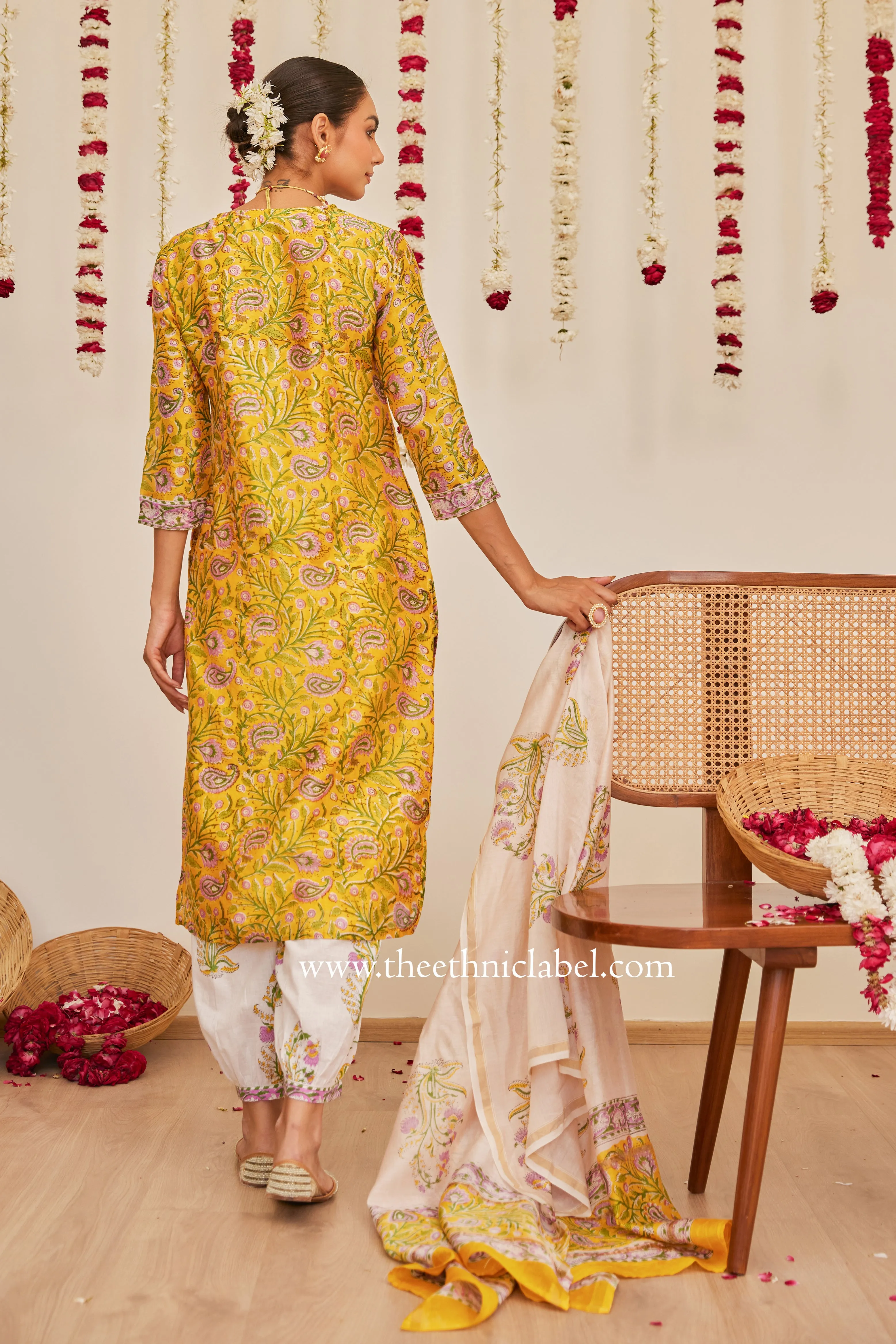 "Meera" Yellow Hand Block Printed Chanderi Suit Set (3pc)