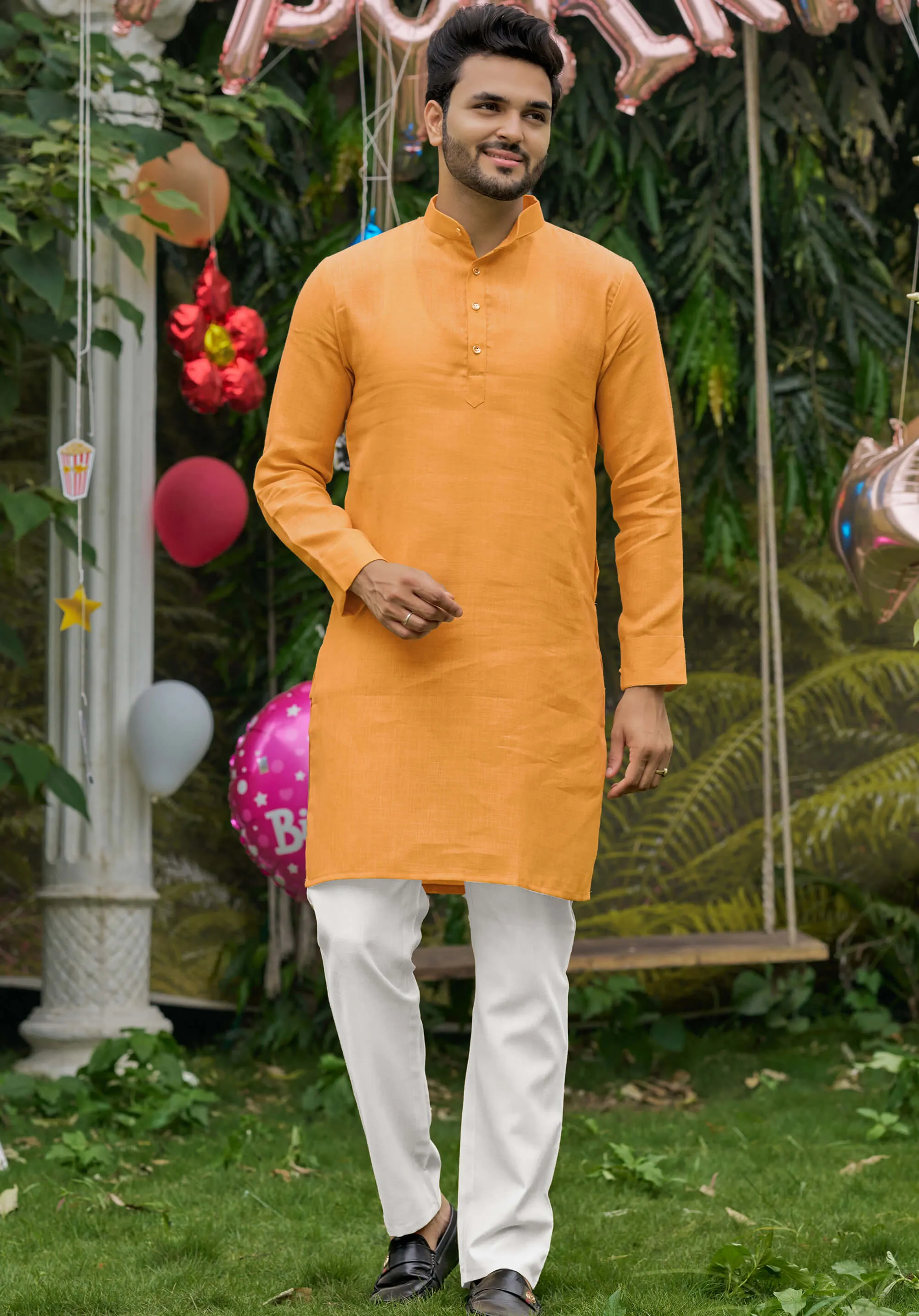 Royal Men Linen Cotton Yellow Kurta pyjama