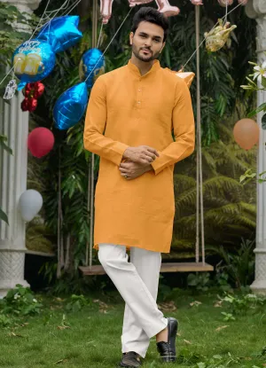 Royal Men Linen Cotton Yellow Kurta pyjama