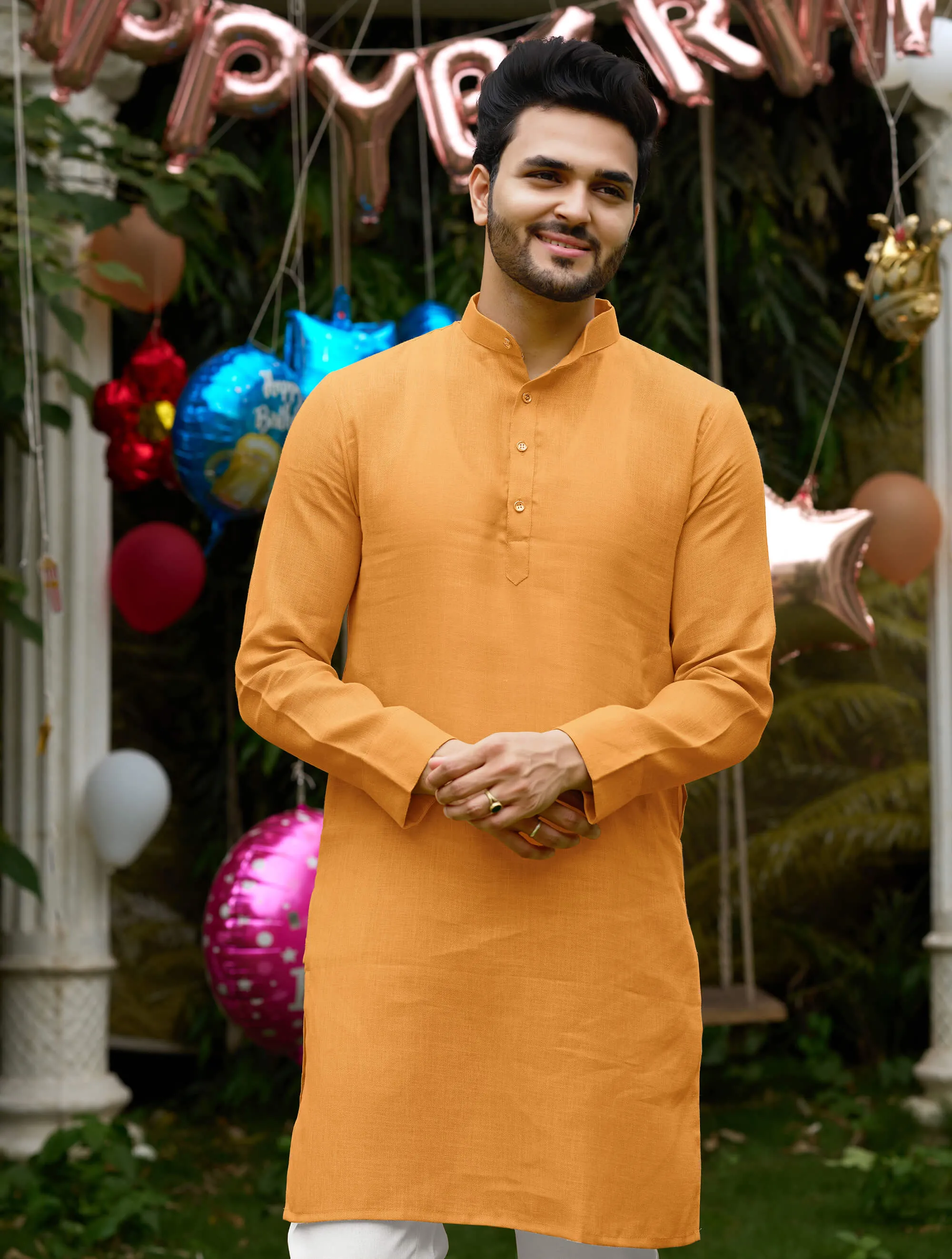 Royal Men Linen Cotton Yellow Kurta pyjama