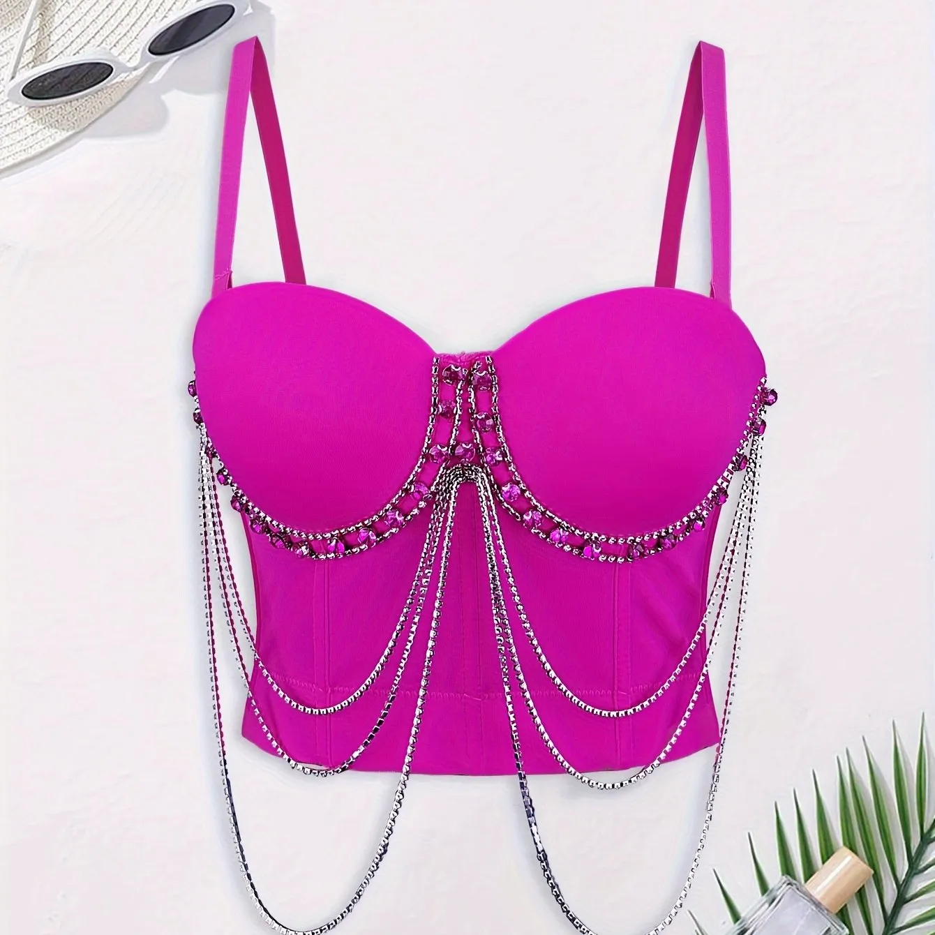 Solid Rhinestone Chain Detail Corset Cami Top, Elegant Sleeveless Sweetheart Neck Buckle Back Crop Slim Top, Women's Clothing