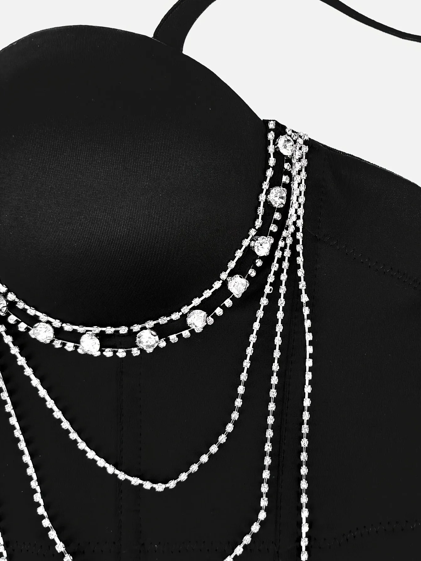 Solid Rhinestone Chain Detail Corset Cami Top, Elegant Sleeveless Sweetheart Neck Buckle Back Crop Slim Top, Women's Clothing