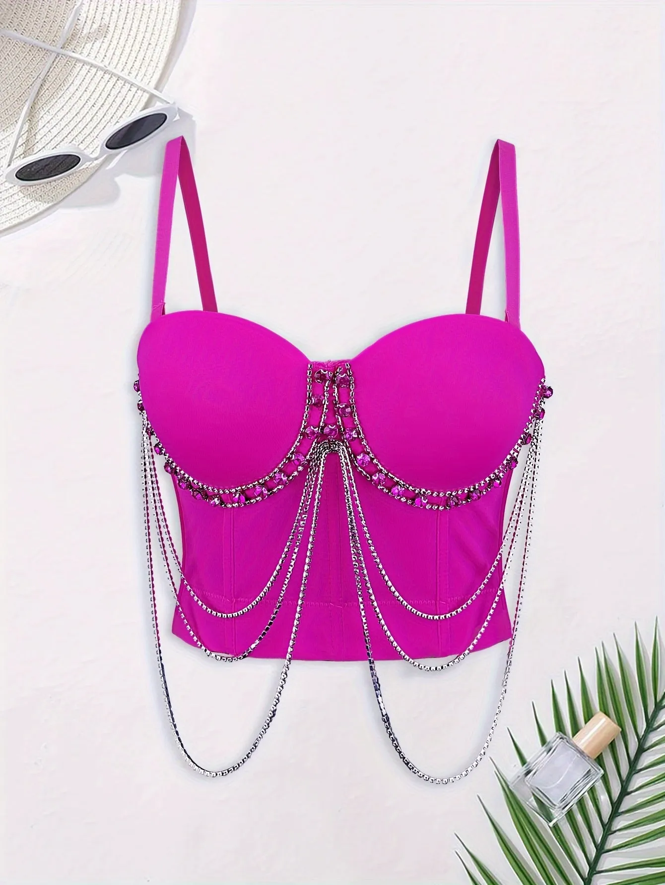 Solid Rhinestone Chain Detail Corset Cami Top, Elegant Sleeveless Sweetheart Neck Buckle Back Crop Slim Top, Women's Clothing