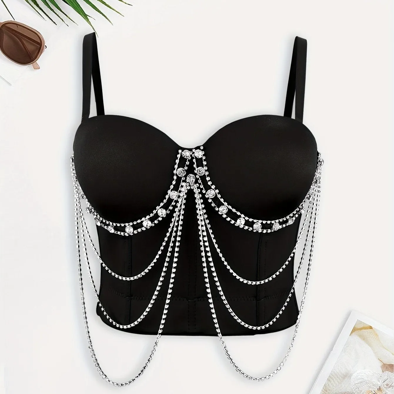 Solid Rhinestone Chain Detail Corset Cami Top, Elegant Sleeveless Sweetheart Neck Buckle Back Crop Slim Top, Women's Clothing
