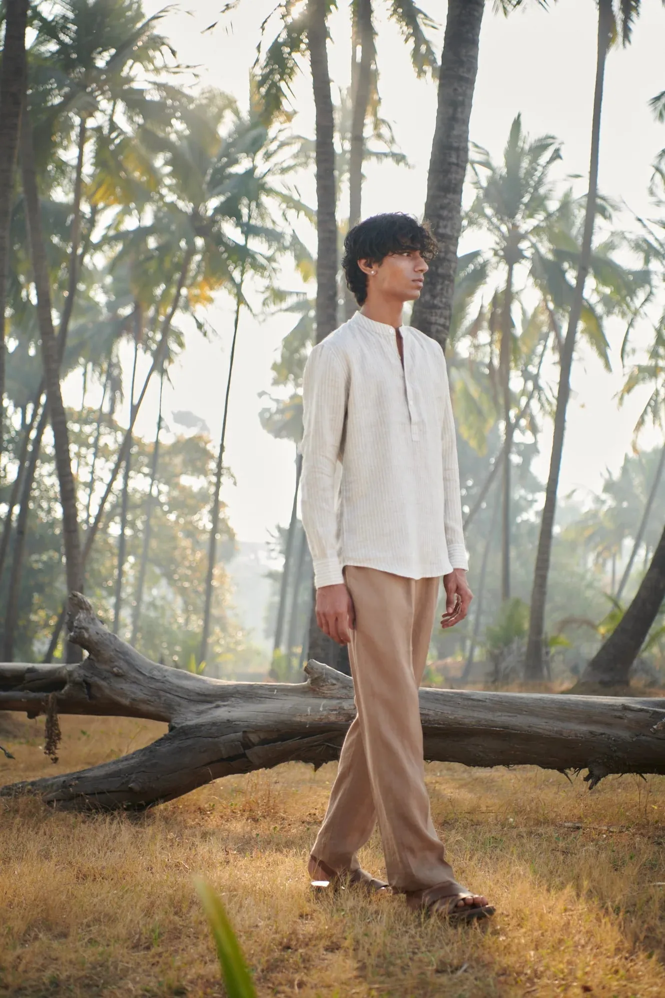 Undyed Pinstripe Linen Men's Shirt Kurta