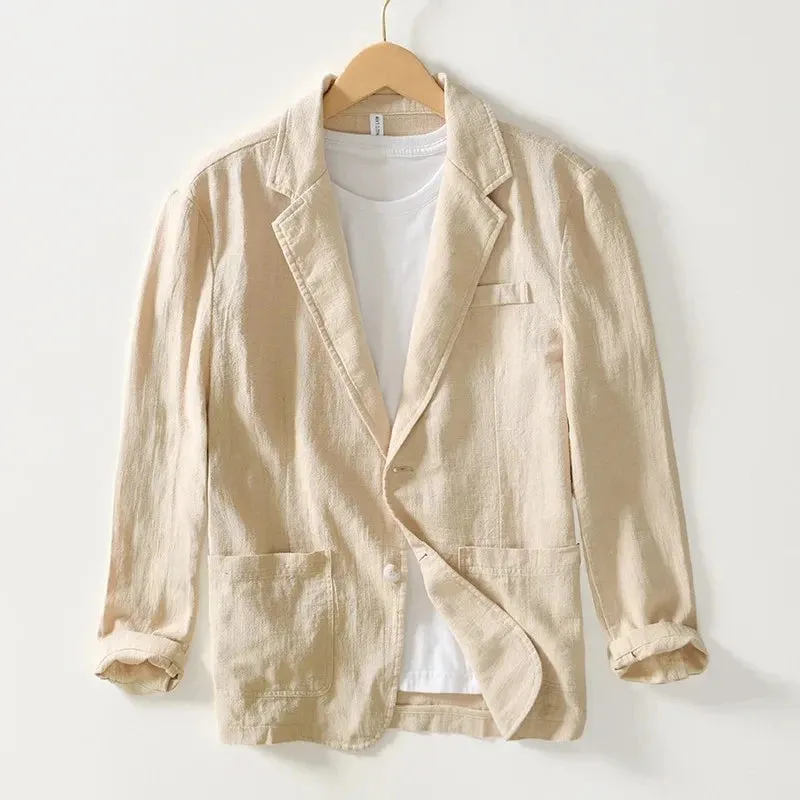 White Cotton Linen Suit Coat Men's Spring Summer Pure Color Slim Casual Business Thin Mens Blazer Jacket Comfortable Breathable